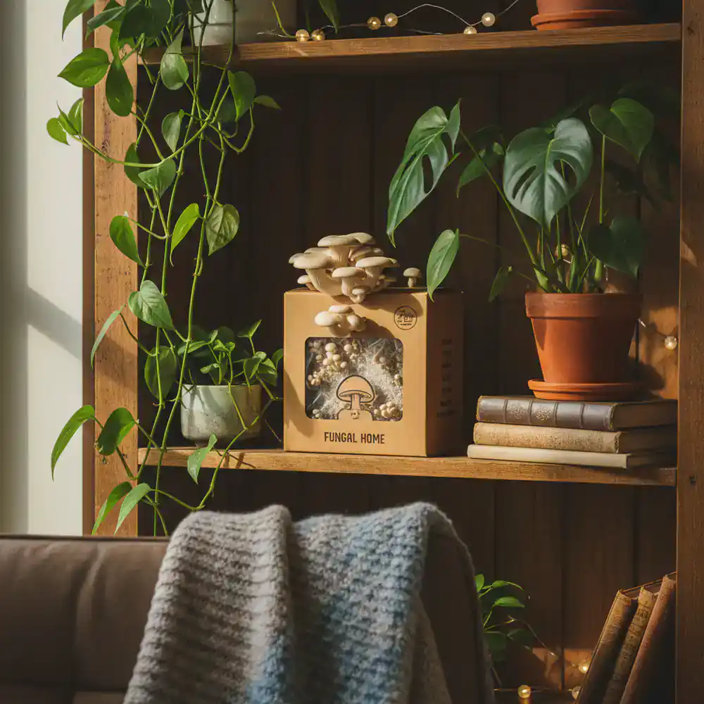 Mushroom kit on a living room shelf