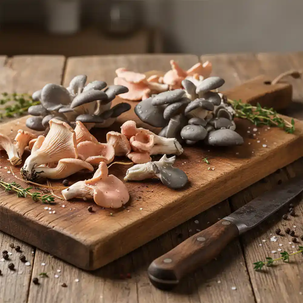 Freshly harvested oyster mushrooms on a board