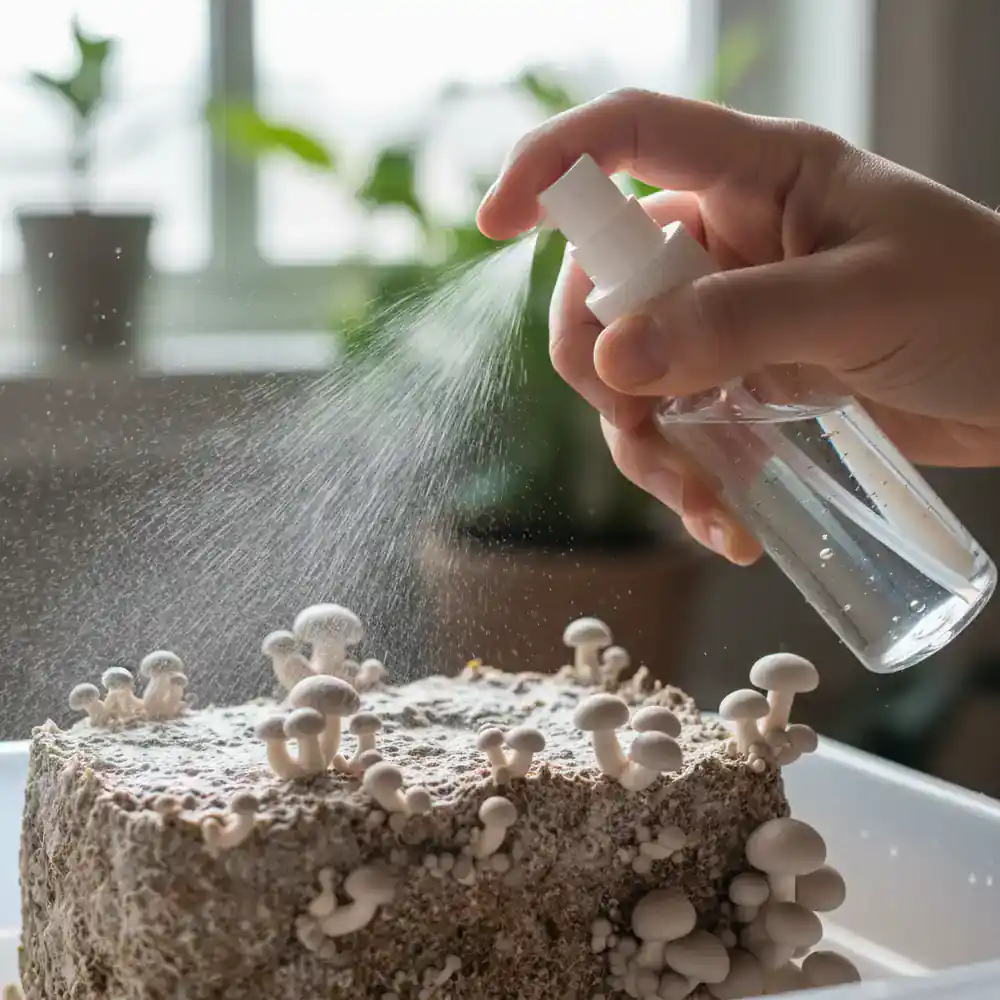 Misting a mushroom block with water
