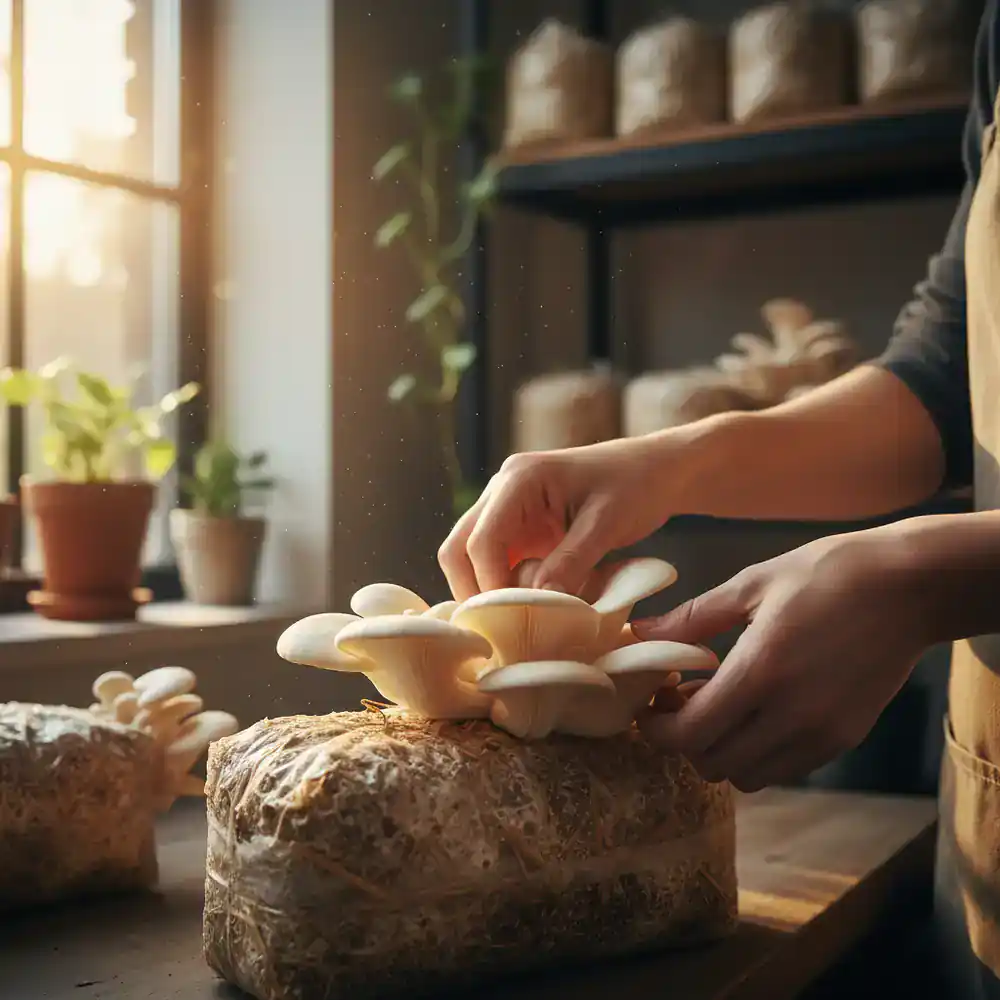Person harvesting fresh mushrooms indoors