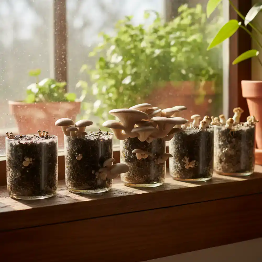 Several home mushroom growing kits