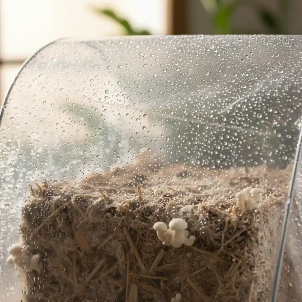 Condensation inside a mushroom humidity tent