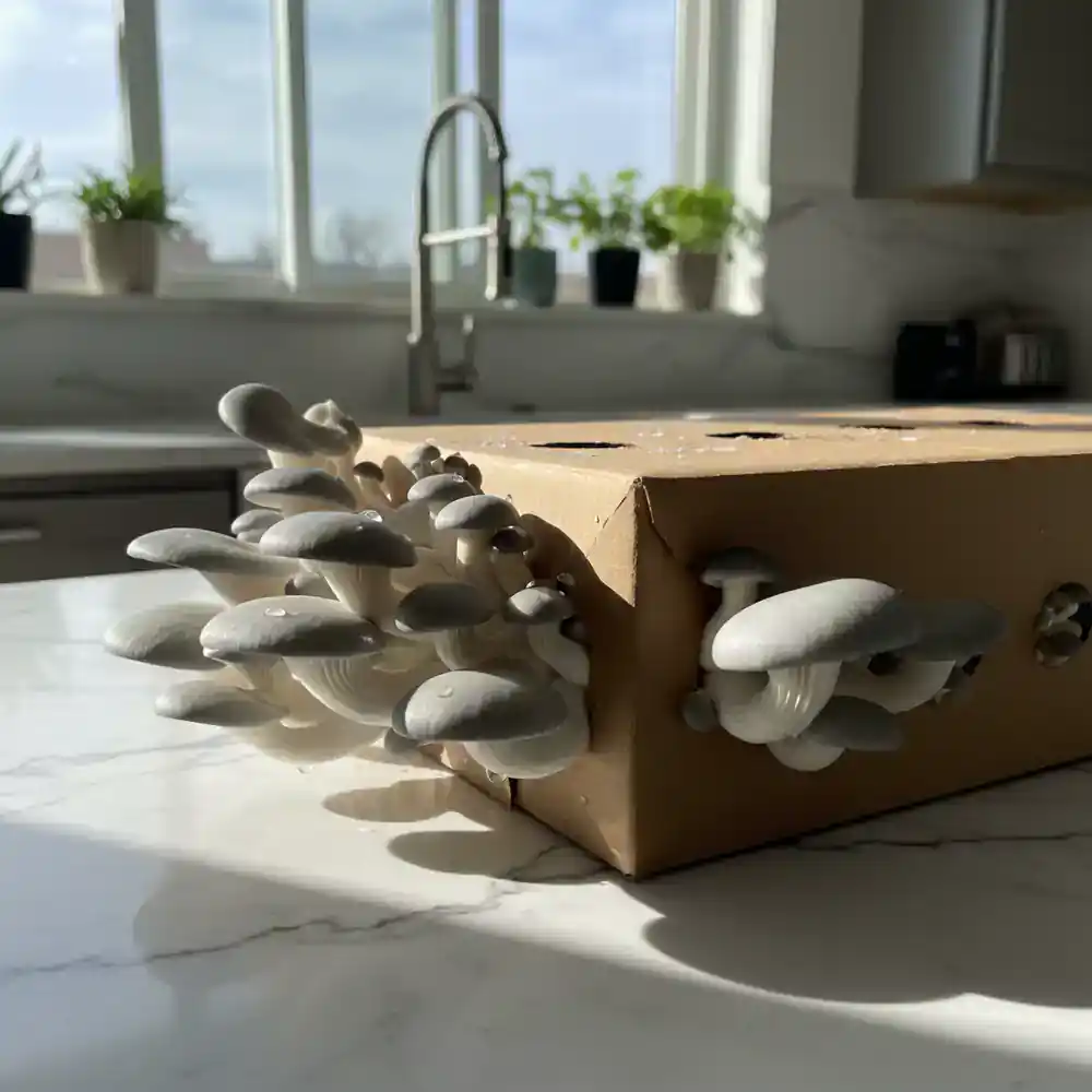 Oyster mushroom kit on a kitchen counter