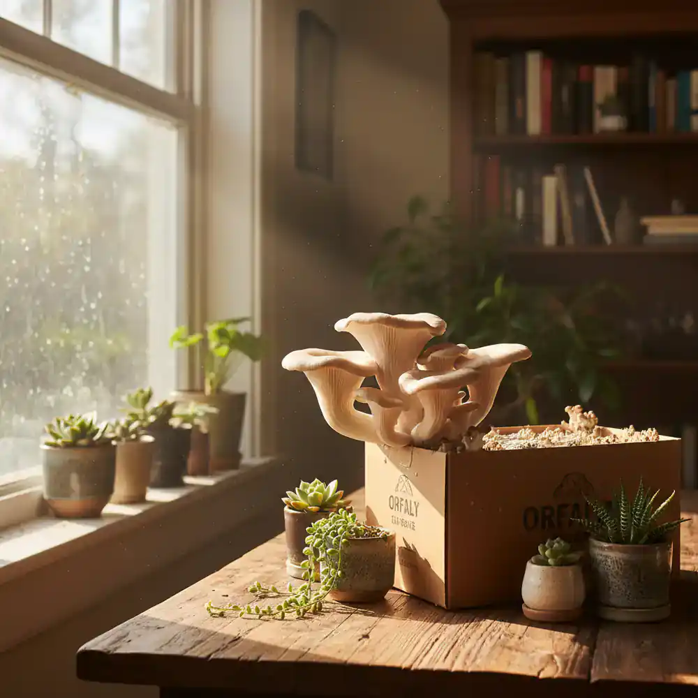 Mushroom growing kit on a sunny windowsill