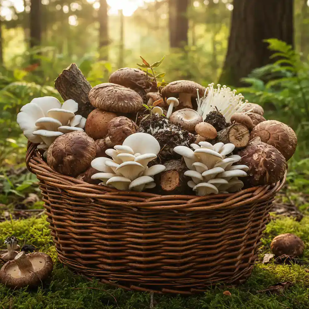 Fresh harvested organic mushrooms in a basket