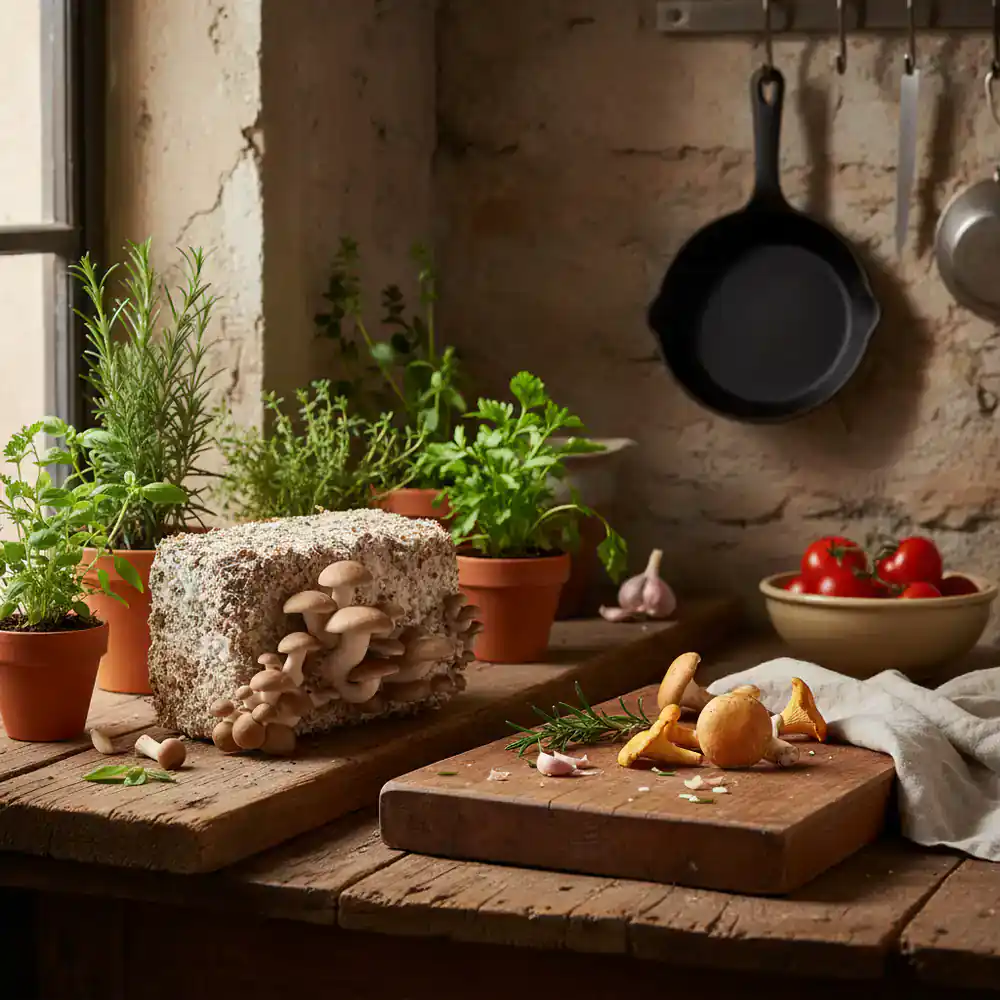 Mushroom grow kit on a kitchen counter